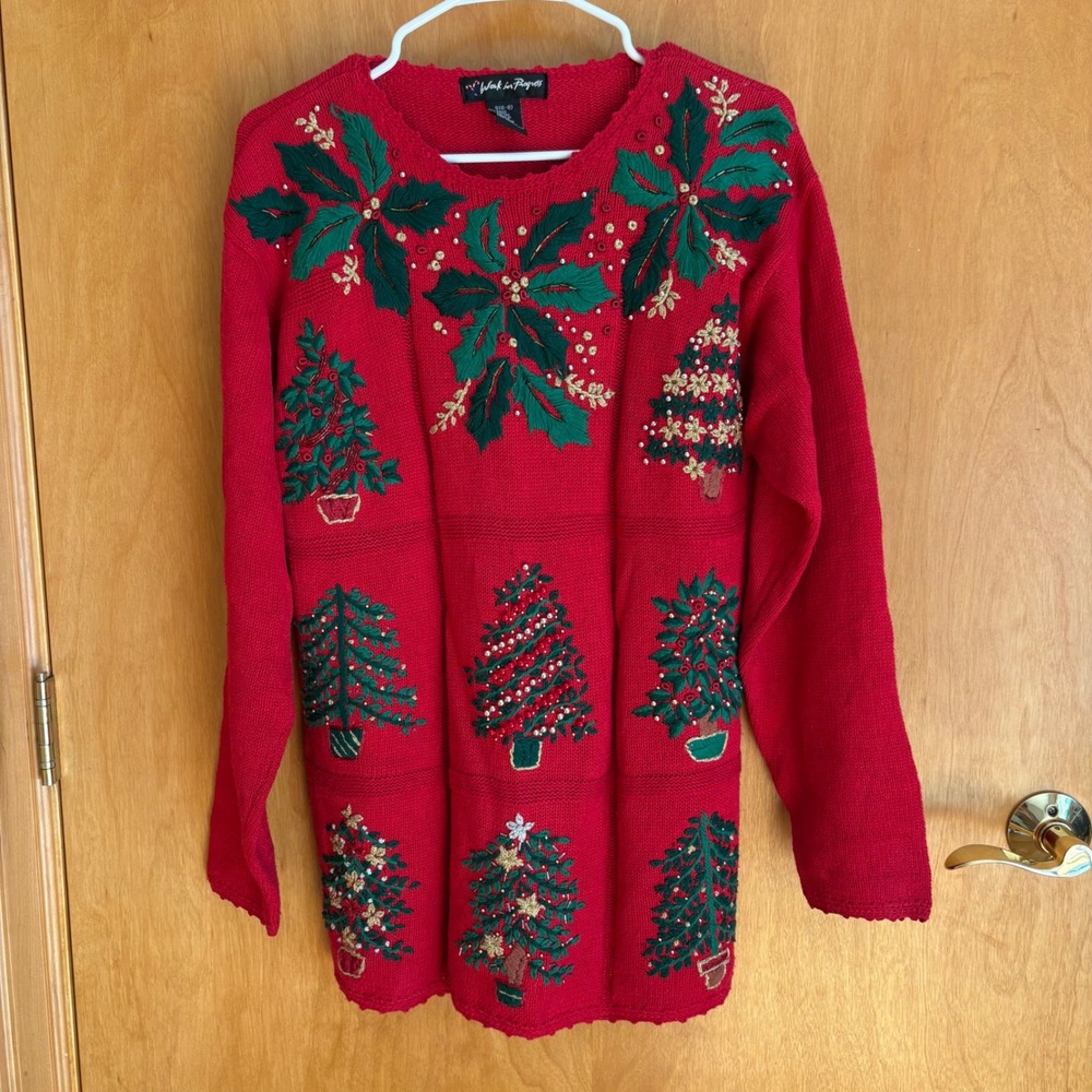 Vintage Work in Progress Christmas Sweater, Embroidered Holiday Tree, Size S/6-8